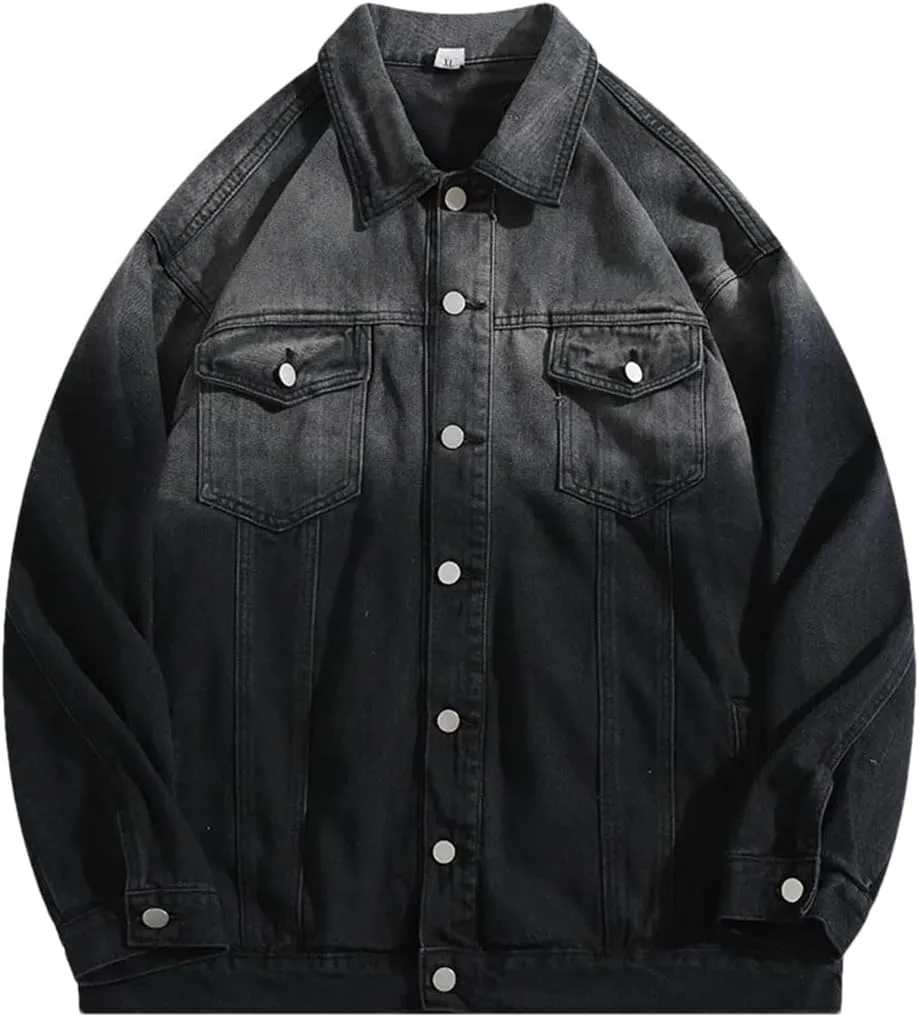 Bciopll Men's Vintage Distressed Gradient Denim Jackets Casual Hip Hop Single Breasted Cowboy Coats