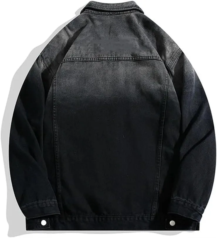 Bciopll Men's Vintage Distressed Gradient Denim Jackets Casual Hip Hop Single Breasted Cowboy Coats