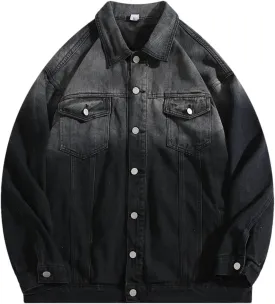 Bciopll Men's Vintage Distressed Gradient Denim Jackets Casual Hip Hop Single Breasted Cowboy Coats