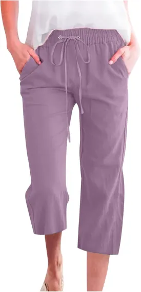 Capri Pants Women Drawstring Linen Pant Elastic Waist Straight Wide Leg Cropped Pants Loose Casual Trousers