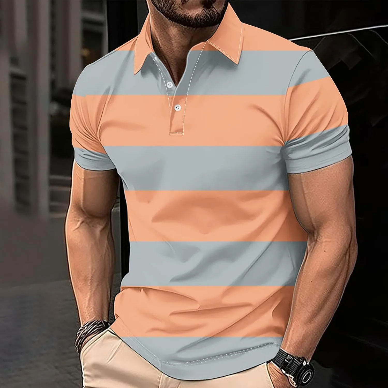 Color Block Golf Shirts for Men Short Sleeve Regular Fit Moisture Wicking Performance Casual Striped Mens Polo Shirts