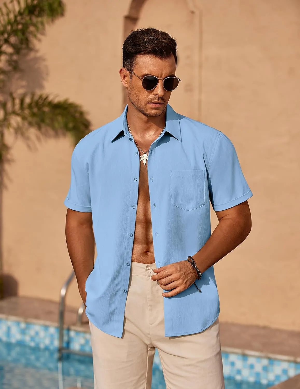 COOFANDY Mens Casual Short Sleeve Shirts Summer Beach Shirt Button Down Textured Shirts Vacation Hawaiian Shirts