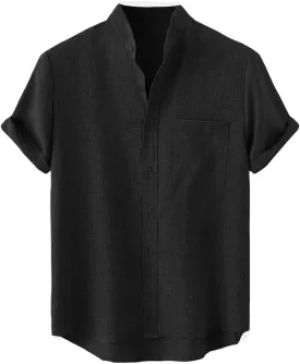 Cotton Linen Shirts for Men Casual Loose Shirts Lightweight Short Sleeve Button Down Beach Hawaiian Shirts Pockets