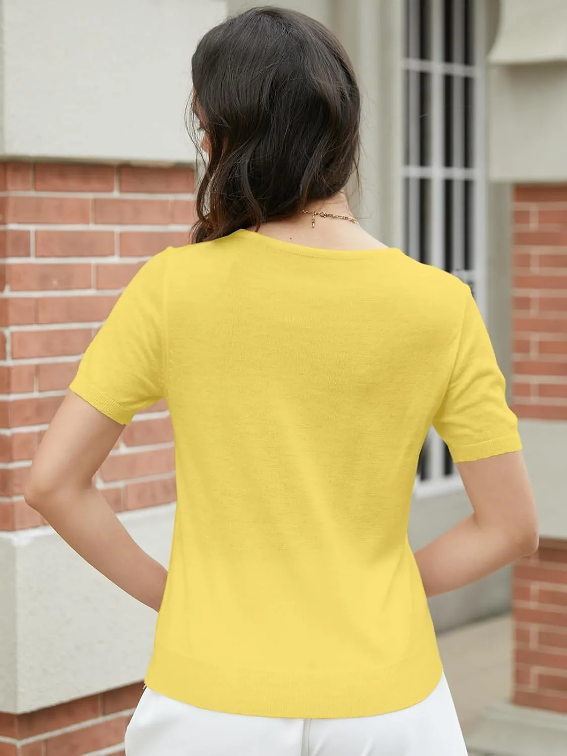 DAIMIDY Women's Short Sleeve V Neck Sweaters Casual Summer Sweater Lightweight Knit Pullover Tops