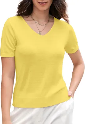 DAIMIDY Women's Short Sleeve V Neck Sweaters Casual Summer Sweater Lightweight Knit Pullover Tops
