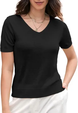 DAIMIDY Women's Short Sleeve V Neck Sweaters Casual Summer Sweater Lightweight Knit Pullover Tops