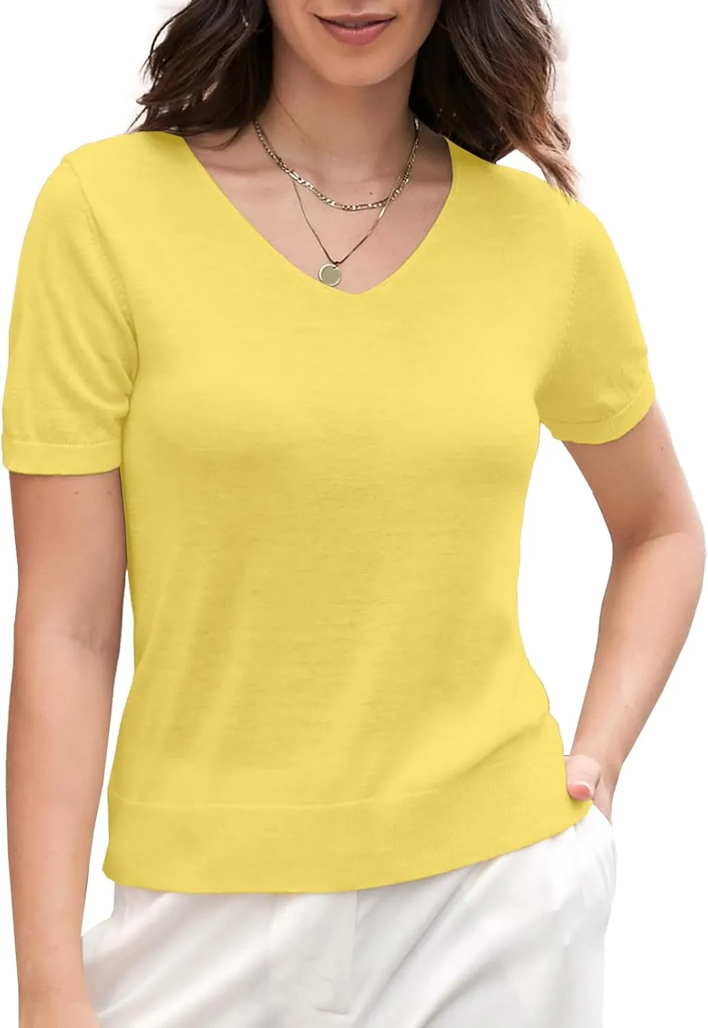 DAIMIDY Women's Short Sleeve V Neck Sweaters Casual Summer Sweater Lightweight Knit Pullover Tops