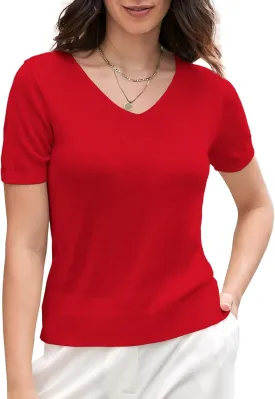 DAIMIDY Women's Short Sleeve V Neck Sweaters Casual Summer Sweater Lightweight Knit Pullover Tops