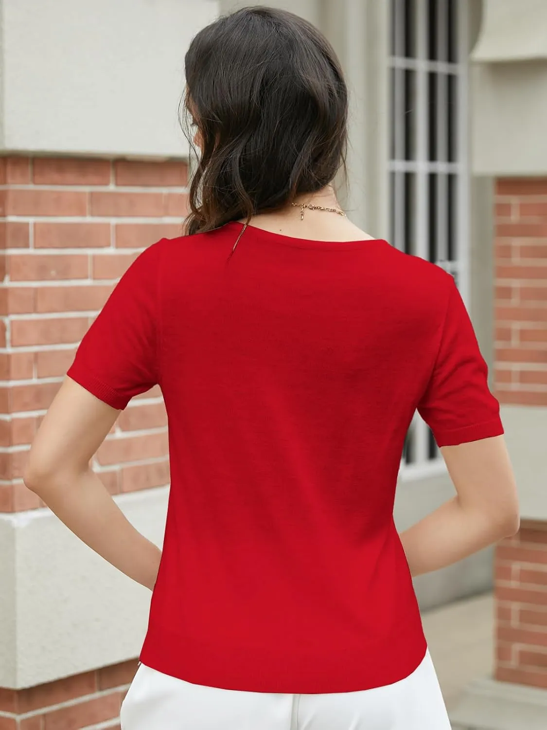 DAIMIDY Women's Short Sleeve V Neck Sweaters Casual Summer Sweater Lightweight Knit Pullover Tops