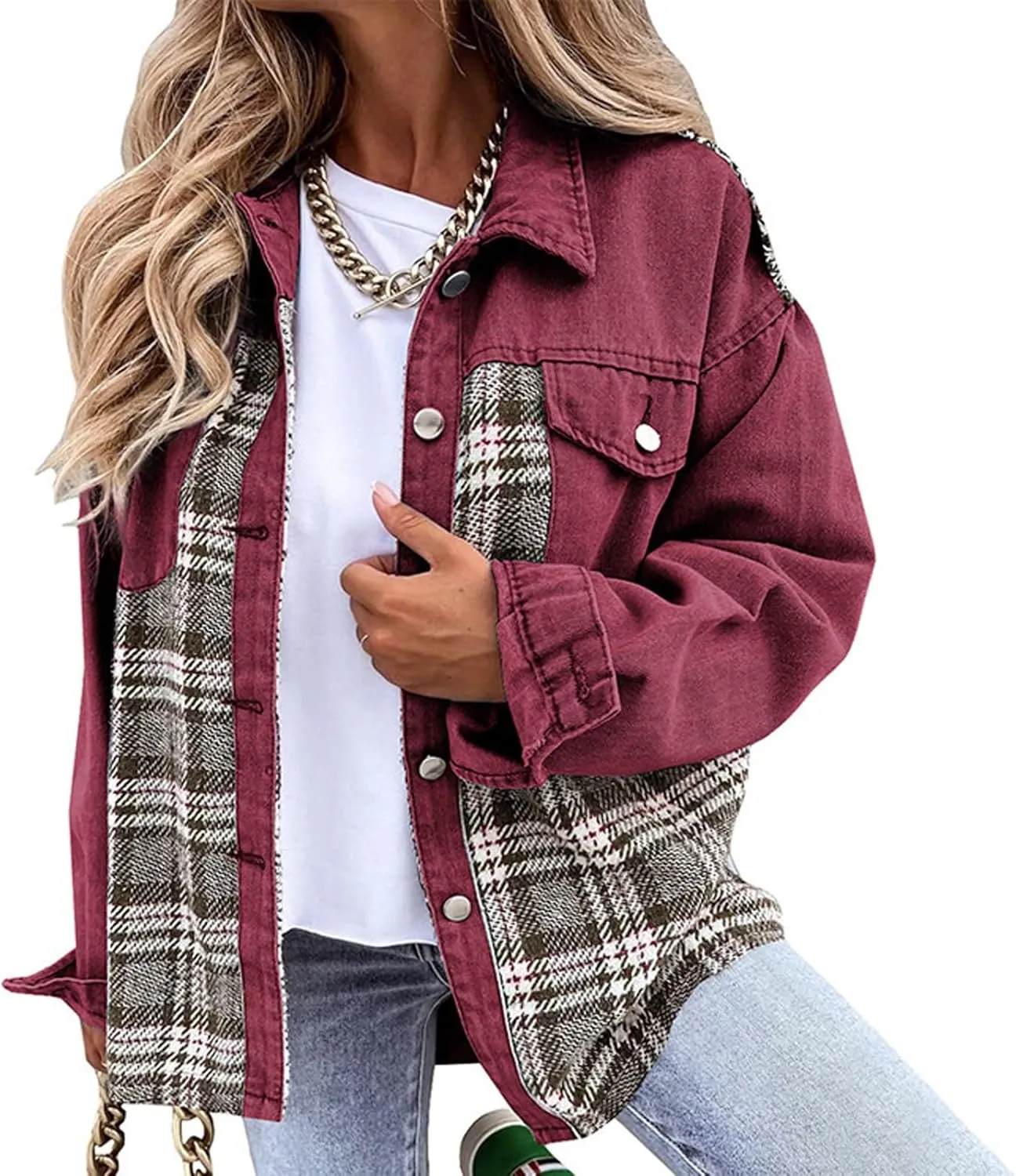 Denim Jackets for Women Casual Fall Fashion 2024 Plaid Shacket Long Sleeve Button Down Shirts Jackets Fall Outfits