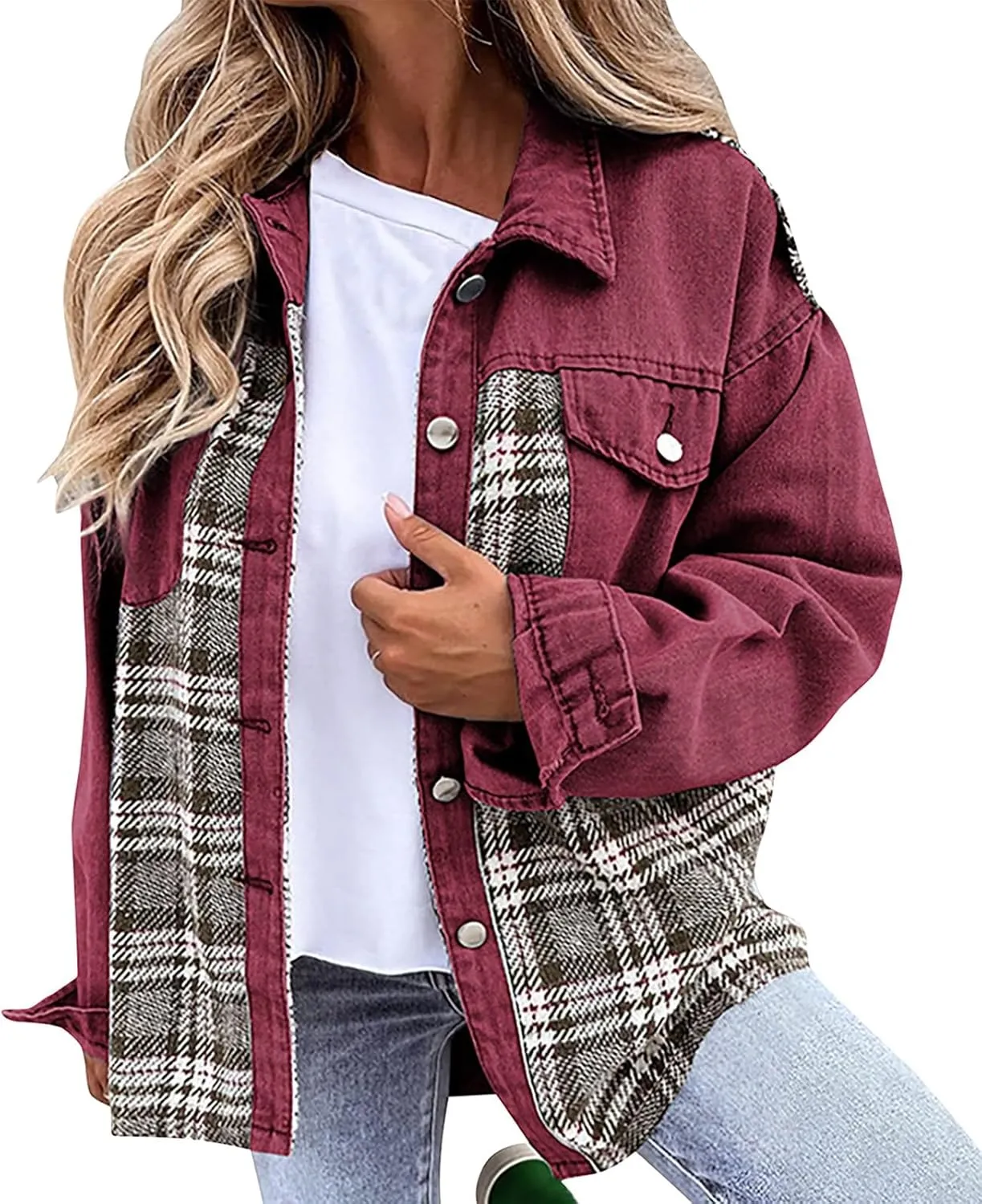 Denim Jackets for Women Casual Fall Fashion 2024 Plaid Shacket Long Sleeve Button Down Shirts Jackets Fall Outfits