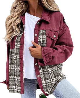 Denim Jackets for Women Casual Fall Fashion 2024 Plaid Shacket Long Sleeve Button Down Shirts Jackets Fall Outfits