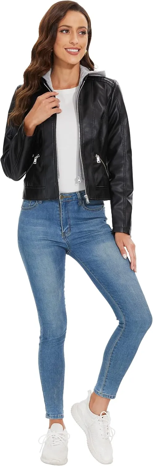 Fahsyee Zip Leather Jackets for Women Motorcycle Faux PU Moto Biker Outwear Coat