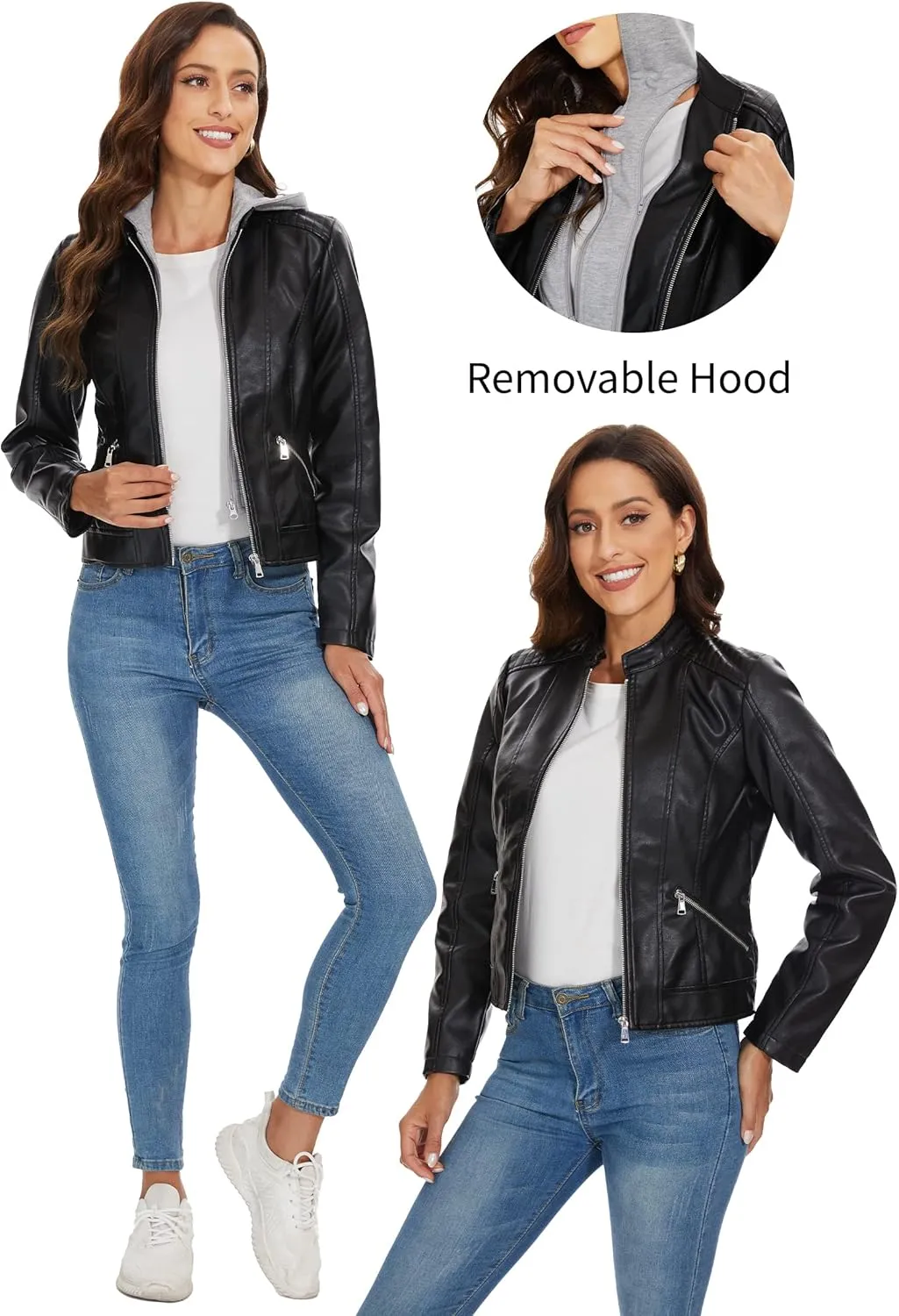 Fahsyee Zip Leather Jackets for Women Motorcycle Faux PU Moto Biker Outwear Coat