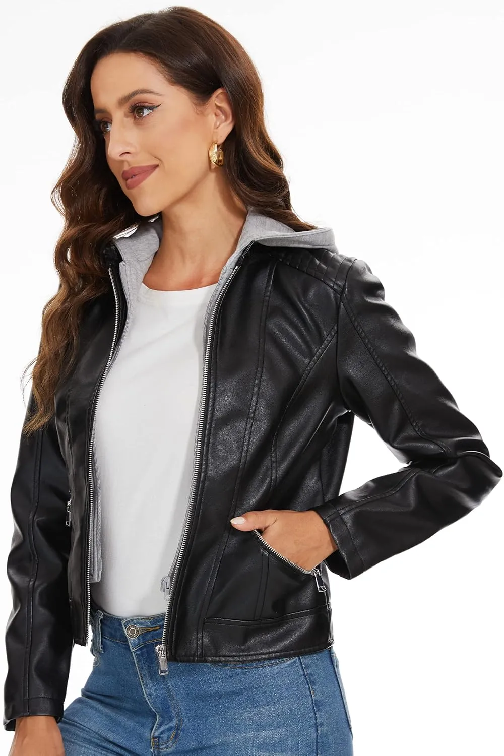 Fahsyee Zip Leather Jackets for Women Motorcycle Faux PU Moto Biker Outwear Coat