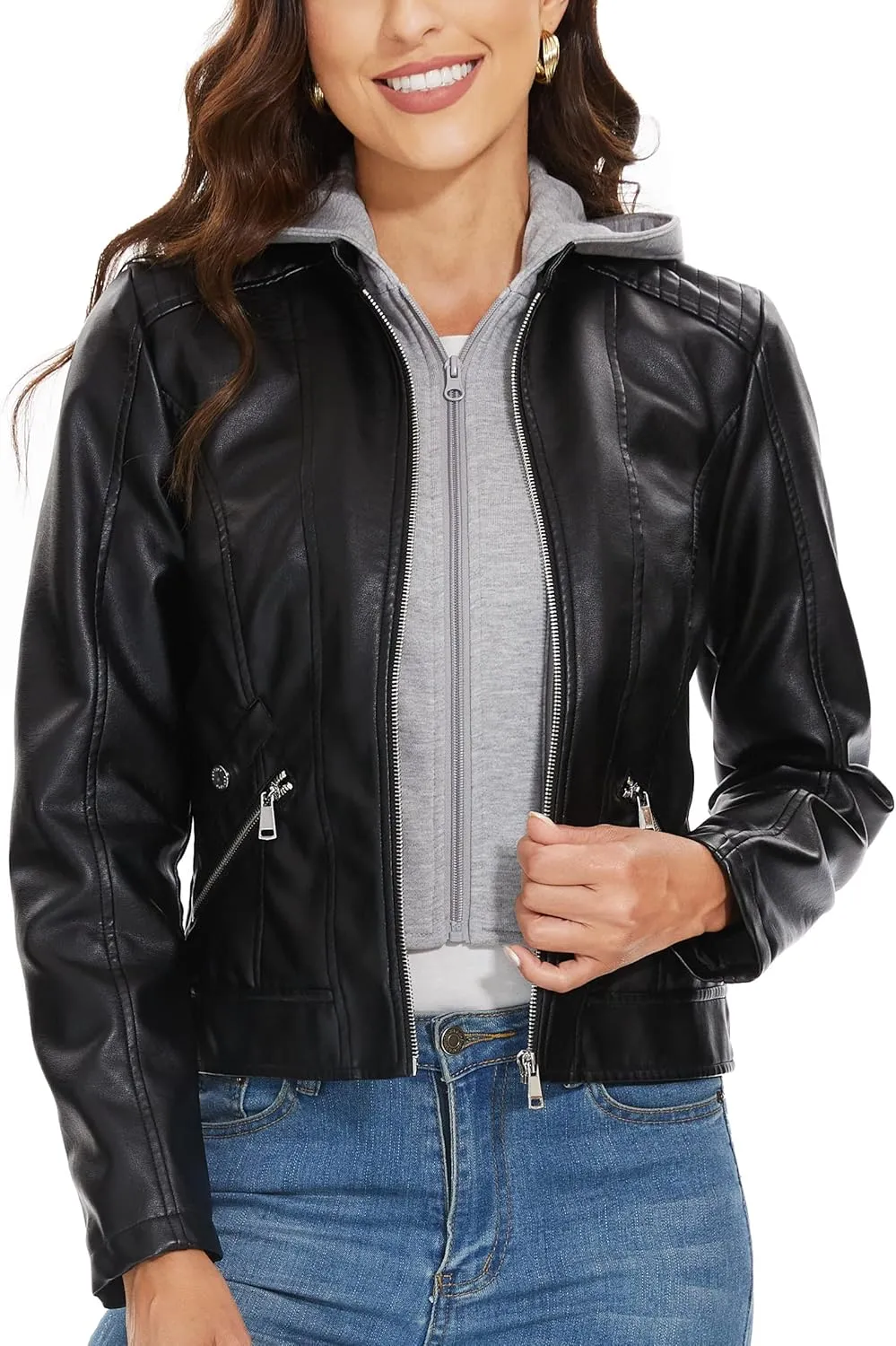 Fahsyee Zip Leather Jackets for Women Motorcycle Faux PU Moto Biker Outwear Coat