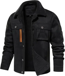 FANARCHER Mens Casual Winter Jackets Faux Suede Leather Sherpa Jackets Warm Fleece Lined Turn-Down Coat with 5 Pockets