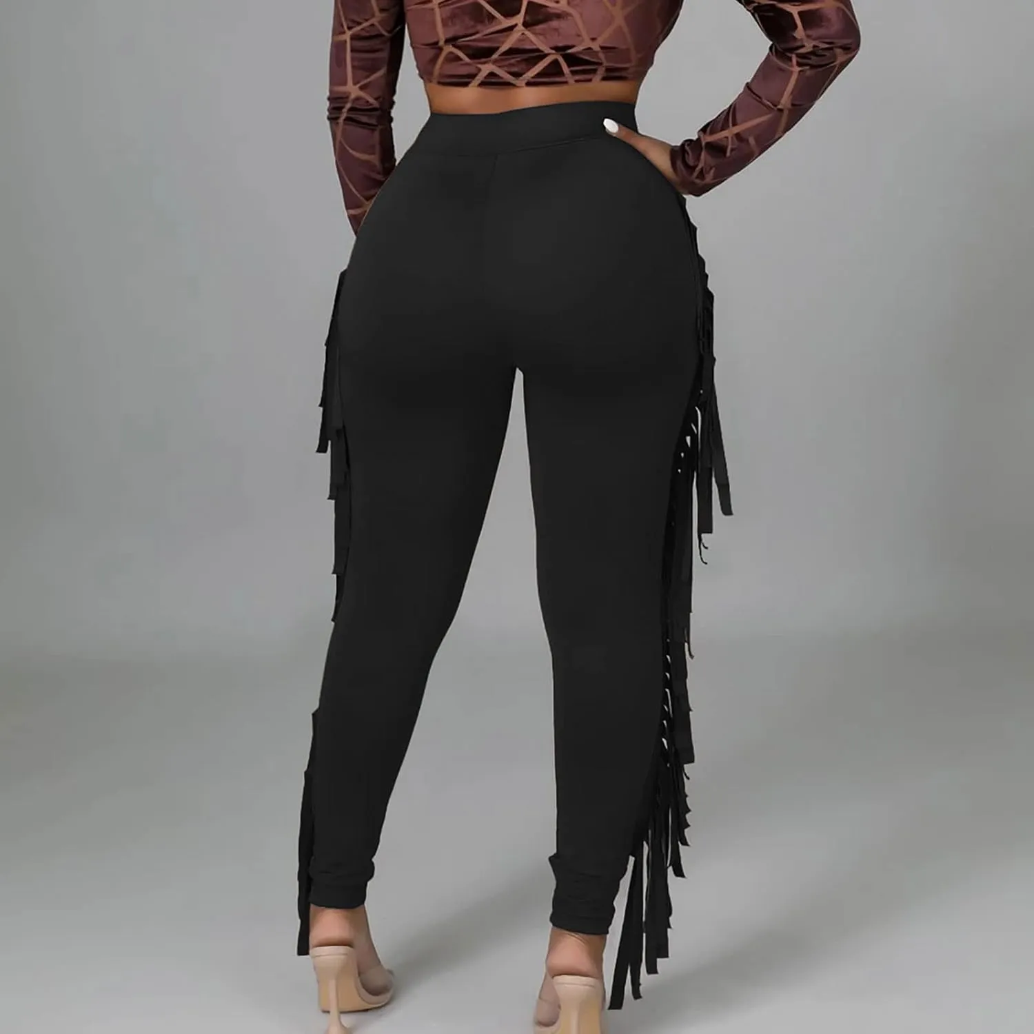 Firzero Women's Fringe Pants Sexy Casual High Waist Solid Color Bodycon Side Tassel Leggings Trendy 2024 Yoga Pants