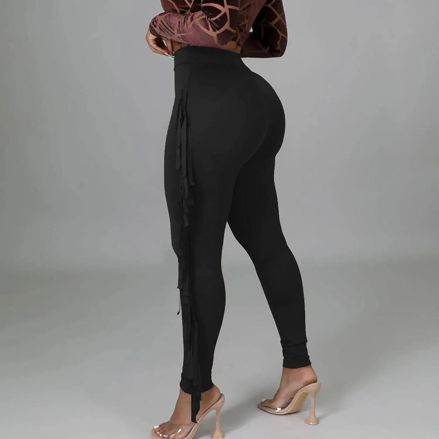 Firzero Women's Fringe Pants Sexy Casual High Waist Solid Color Bodycon Side Tassel Leggings Trendy 2024 Yoga Pants