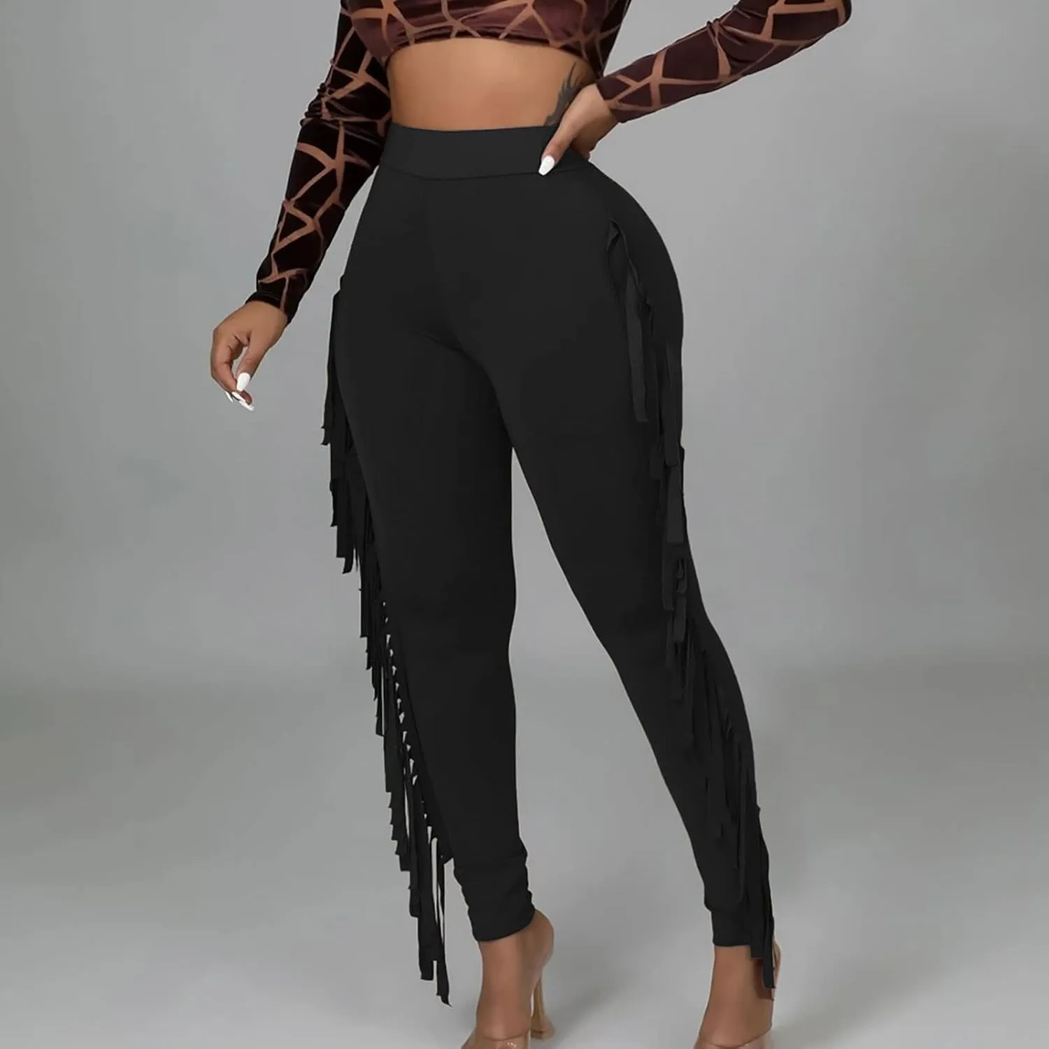 Firzero Women's Fringe Pants Sexy Casual High Waist Solid Color Bodycon Side Tassel Leggings Trendy 2024 Yoga Pants