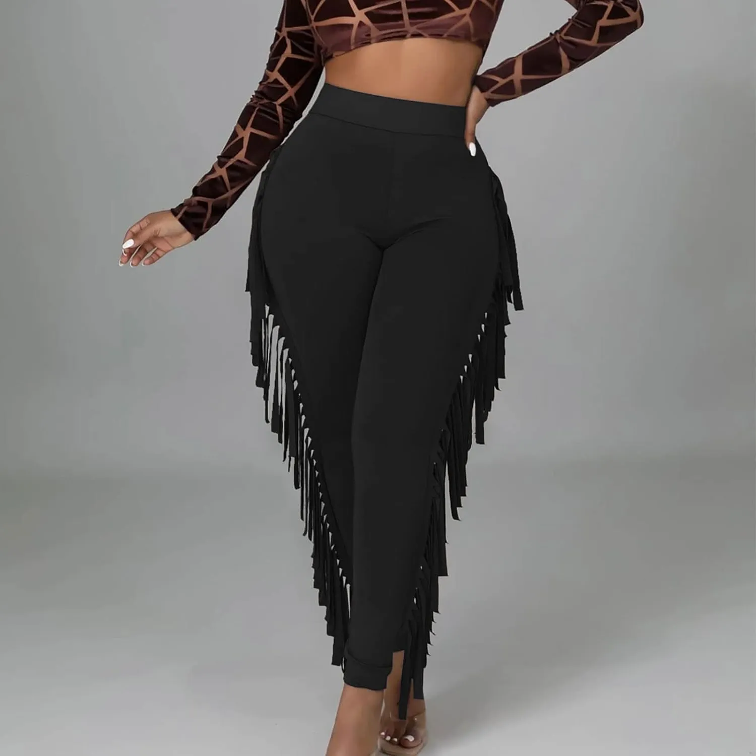 Firzero Women's Fringe Pants Sexy Casual High Waist Solid Color Bodycon Side Tassel Leggings Trendy 2024 Yoga Pants