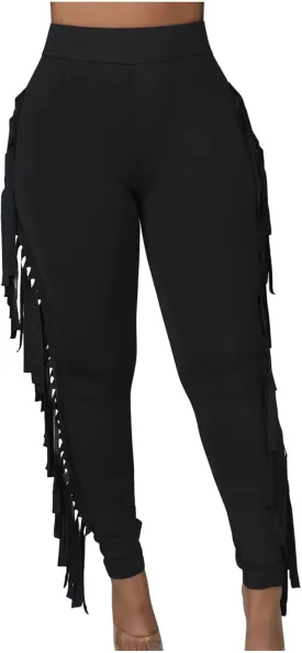 Firzero Women's Fringe Pants Sexy Casual High Waist Solid Color Bodycon Side Tassel Leggings Trendy 2024 Yoga Pants