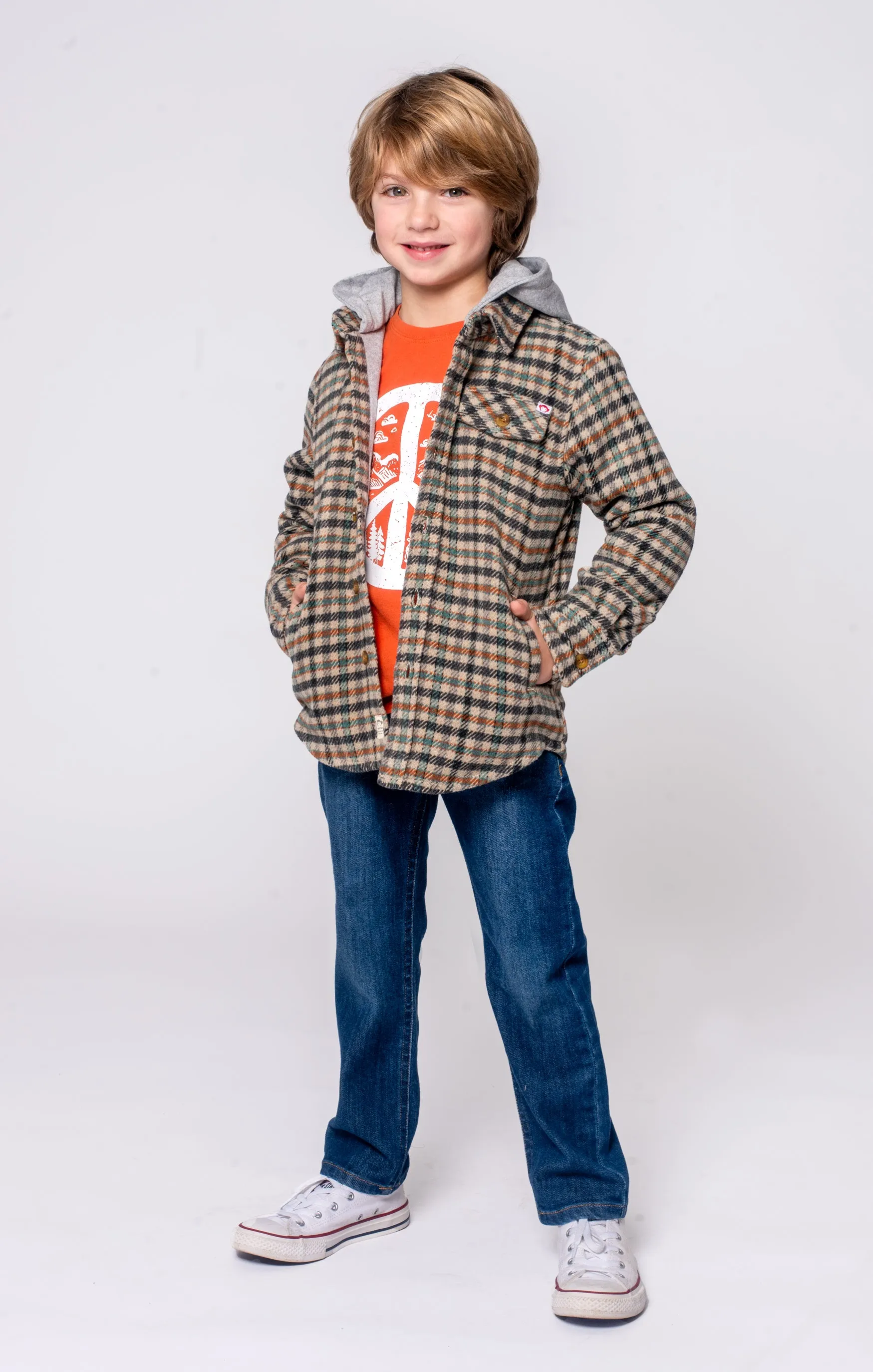 Glen Hooded Shirt, Beige/Teal Check