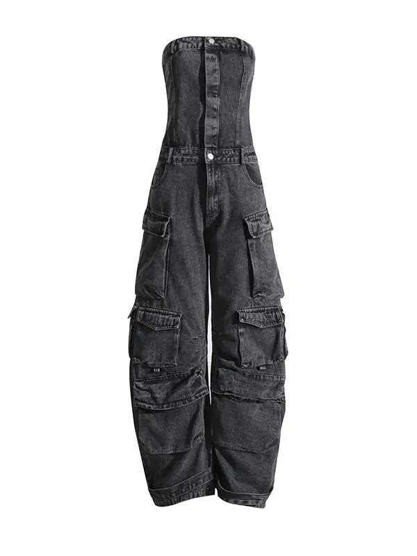 High Waisted Wide Leg Buttoned Pockets Split-Joint Tube Jumpsuits