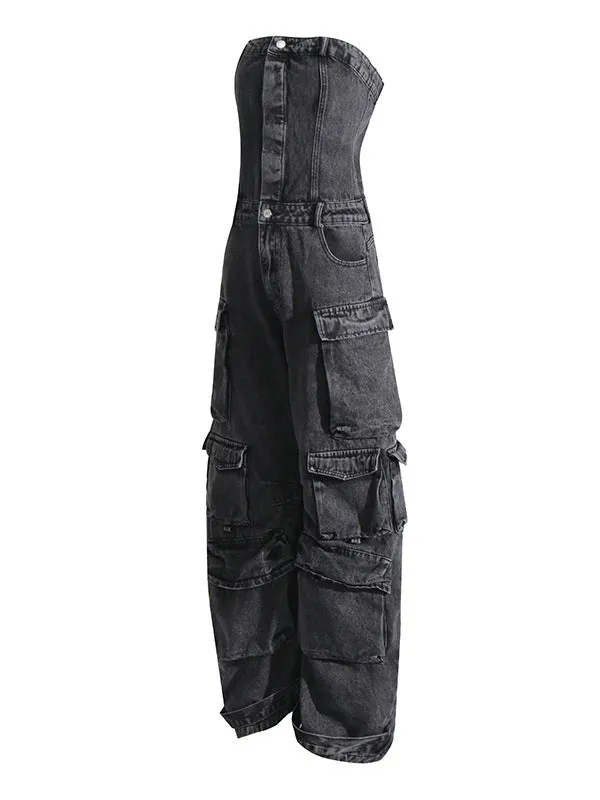 High Waisted Wide Leg Buttoned Pockets Split-Joint Tube Jumpsuits