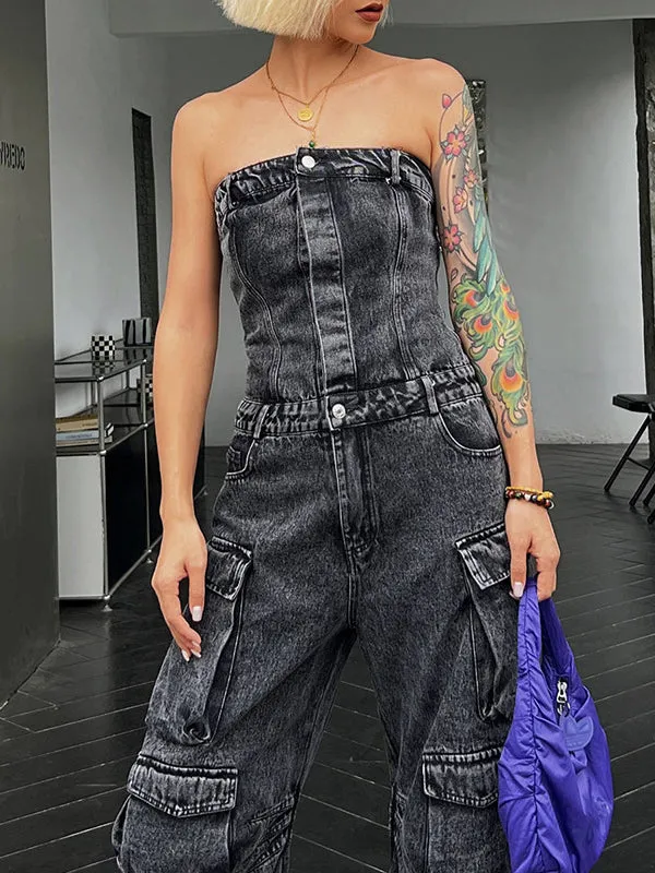 High Waisted Wide Leg Buttoned Pockets Split-Joint Tube Jumpsuits
