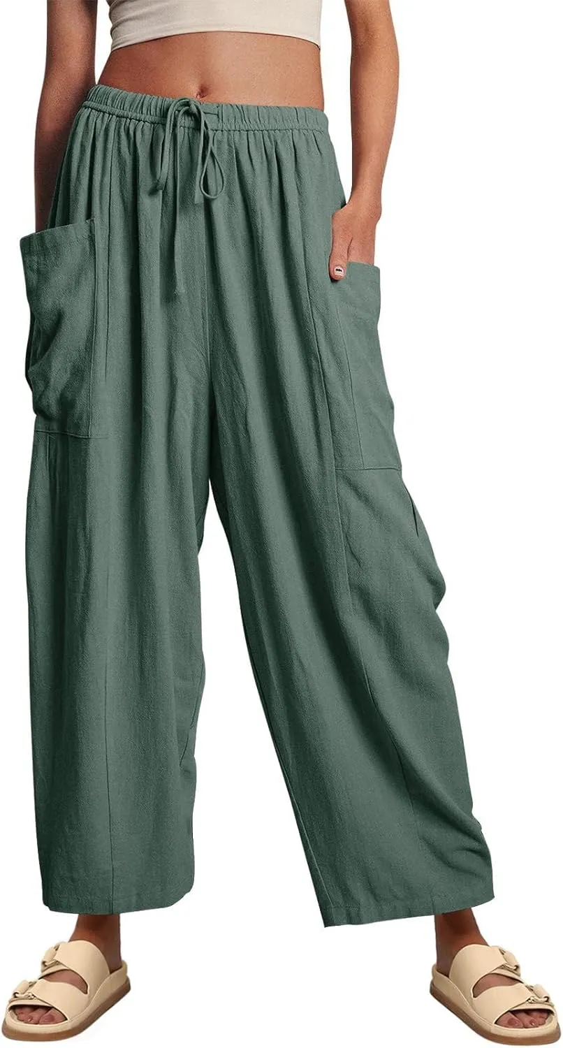 HOTIAN Women Wide Leg Pants Summer Casual Beach Loose Fit Drawstring Palazzo Harem Pant with Pockets