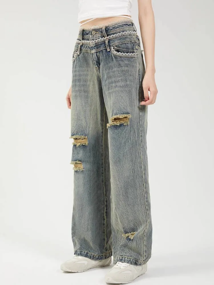 Lace straight jeans【s0000008960】