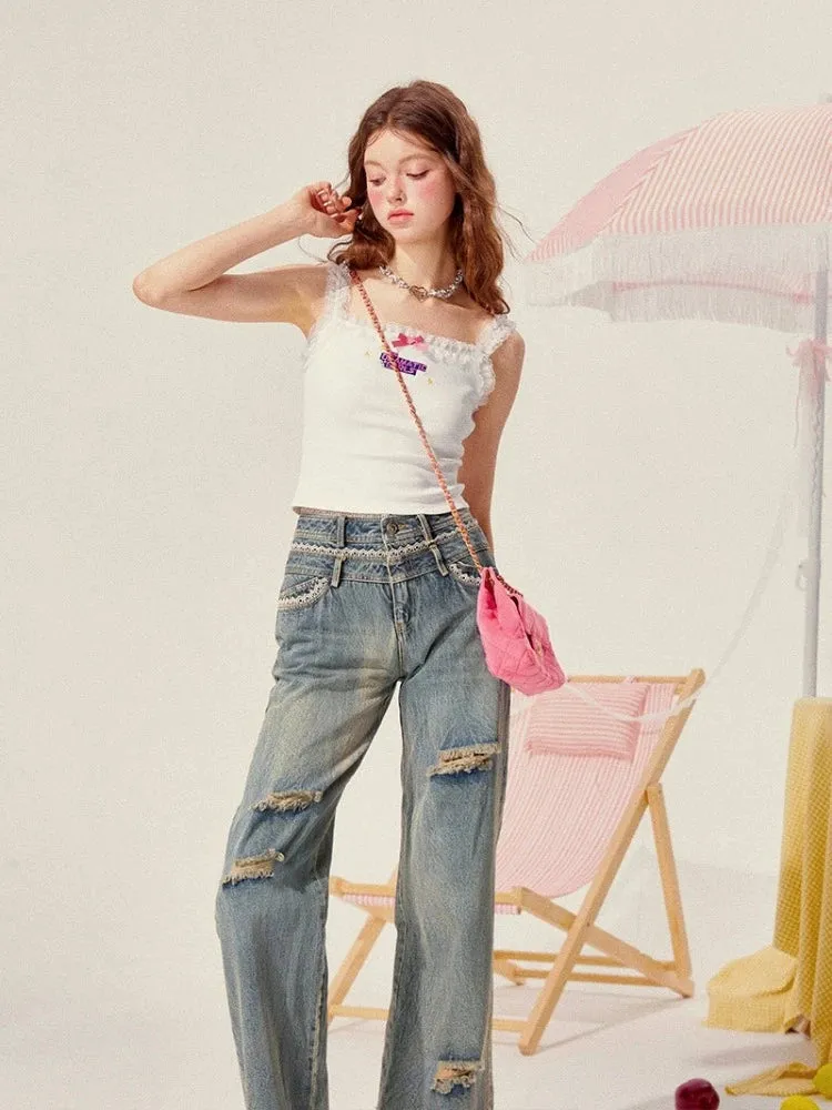 Lace straight jeans【s0000008960】