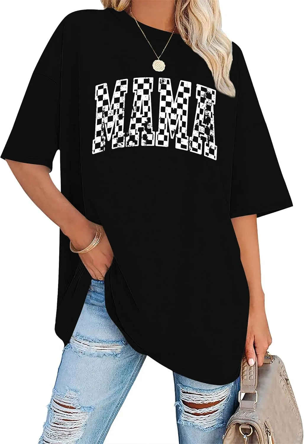 LAZYCHILD Mama Oversized Shirts for Women: Mom Oversized Graphic T-Shirt Mama Letter Print Short Sleeve Tops