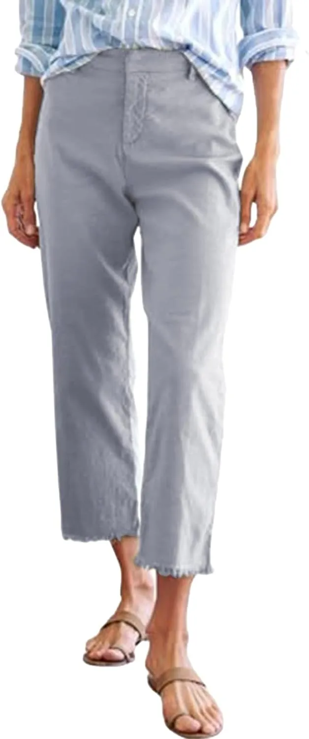 Linen Capris for Women High Waisted Fashion Business Dressy Pants Plus Size Straight Leg Zipper Fly Casual Summer Trousers