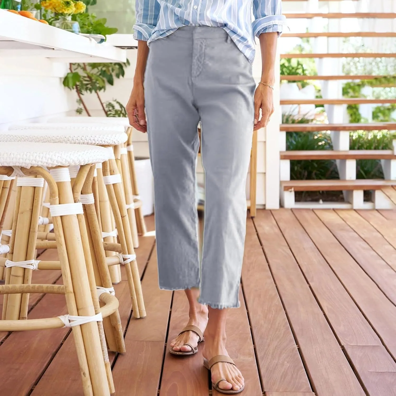 Linen Capris for Women High Waisted Fashion Business Dressy Pants Plus Size Straight Leg Zipper Fly Casual Summer Trousers