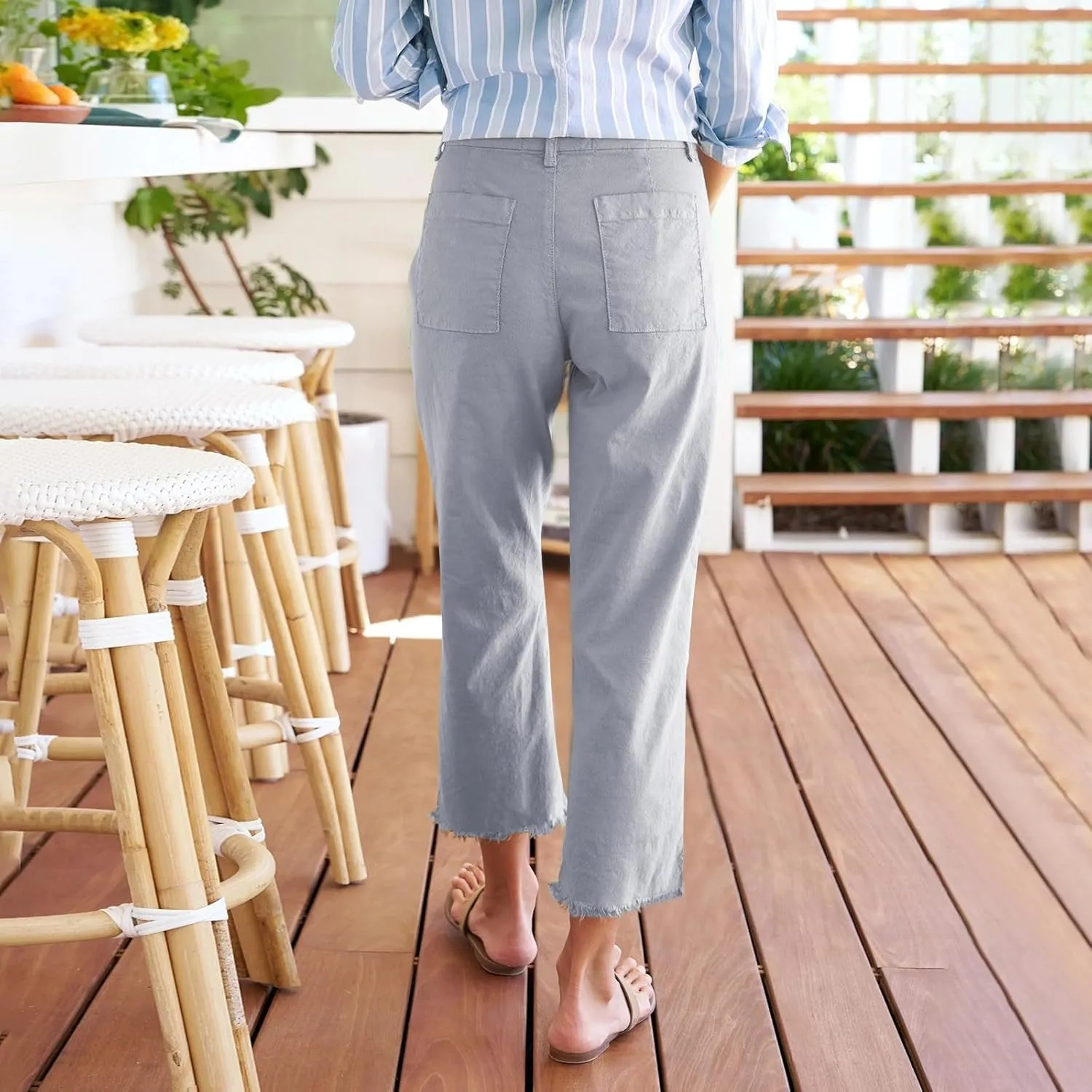 Linen Capris for Women High Waisted Fashion Business Dressy Pants Plus Size Straight Leg Zipper Fly Casual Summer Trousers