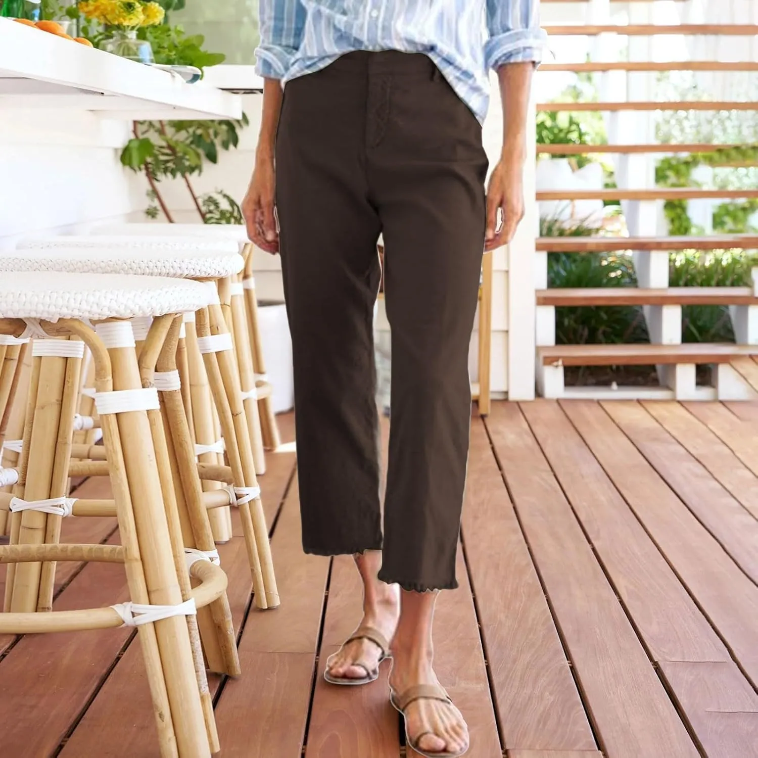 Linen Capris for Women High Waisted Fashion Business Dressy Pants Plus Size Straight Leg Zipper Fly Casual Summer Trousers