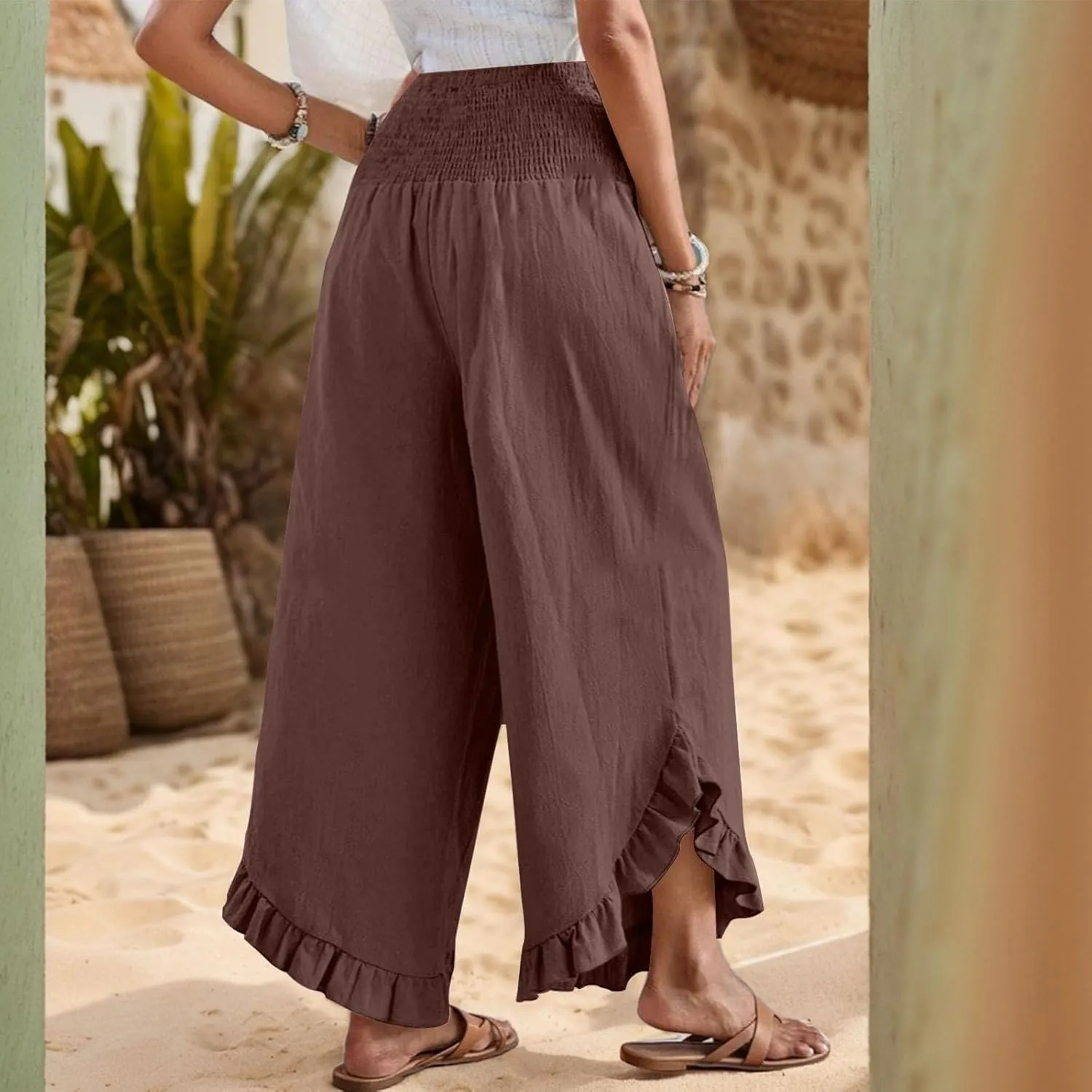 Linen Pants Women Summer Wide Leg Smocked Waist Ruffle Hem Palazzo Pants Boho Flowy Beach Vacation Pant with Pockets