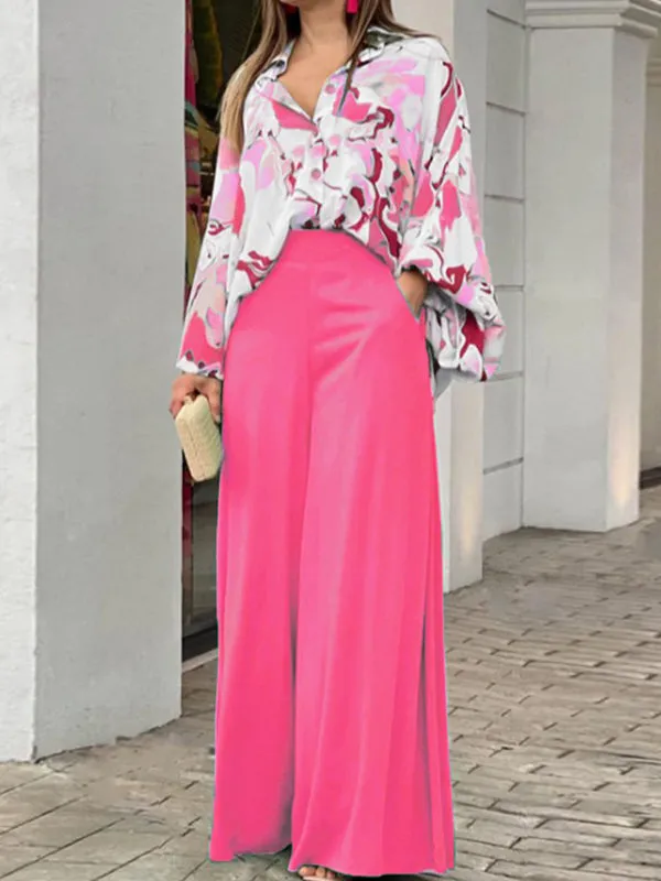 Long Sleeves Floral Printed Blouses   High-Waisted Solid Color Wide Leg Pants Trousers Two Pieces Set