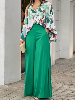 Long Sleeves Floral Printed Blouses   High-Waisted Solid Color Wide Leg Pants Trousers Two Pieces Set