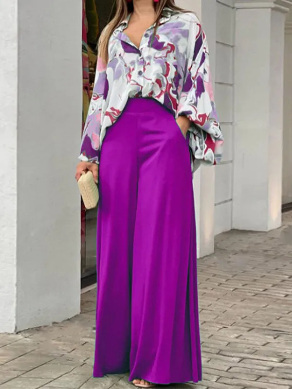 Long Sleeves Floral Printed Blouses   High-Waisted Solid Color Wide Leg Pants Trousers Two Pieces Set