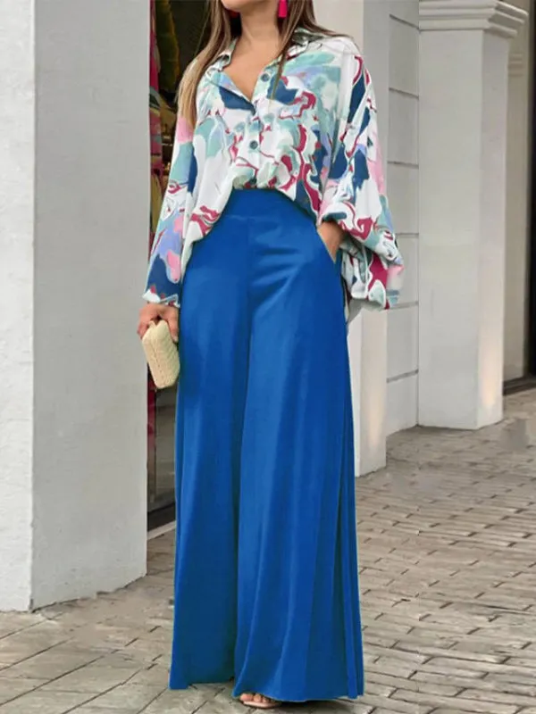 Long Sleeves Floral Printed Blouses   High-Waisted Solid Color Wide Leg Pants Trousers Two Pieces Set