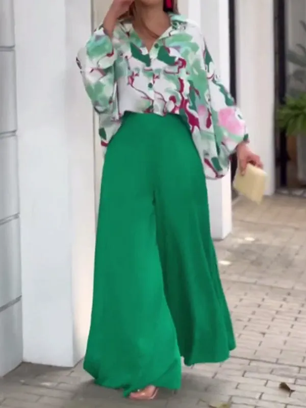 Long Sleeves Floral Printed Blouses   High-Waisted Solid Color Wide Leg Pants Trousers Two Pieces Set