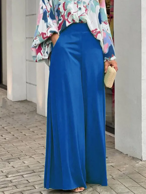 Long Sleeves Floral Printed Blouses   High-Waisted Solid Color Wide Leg Pants Trousers Two Pieces Set