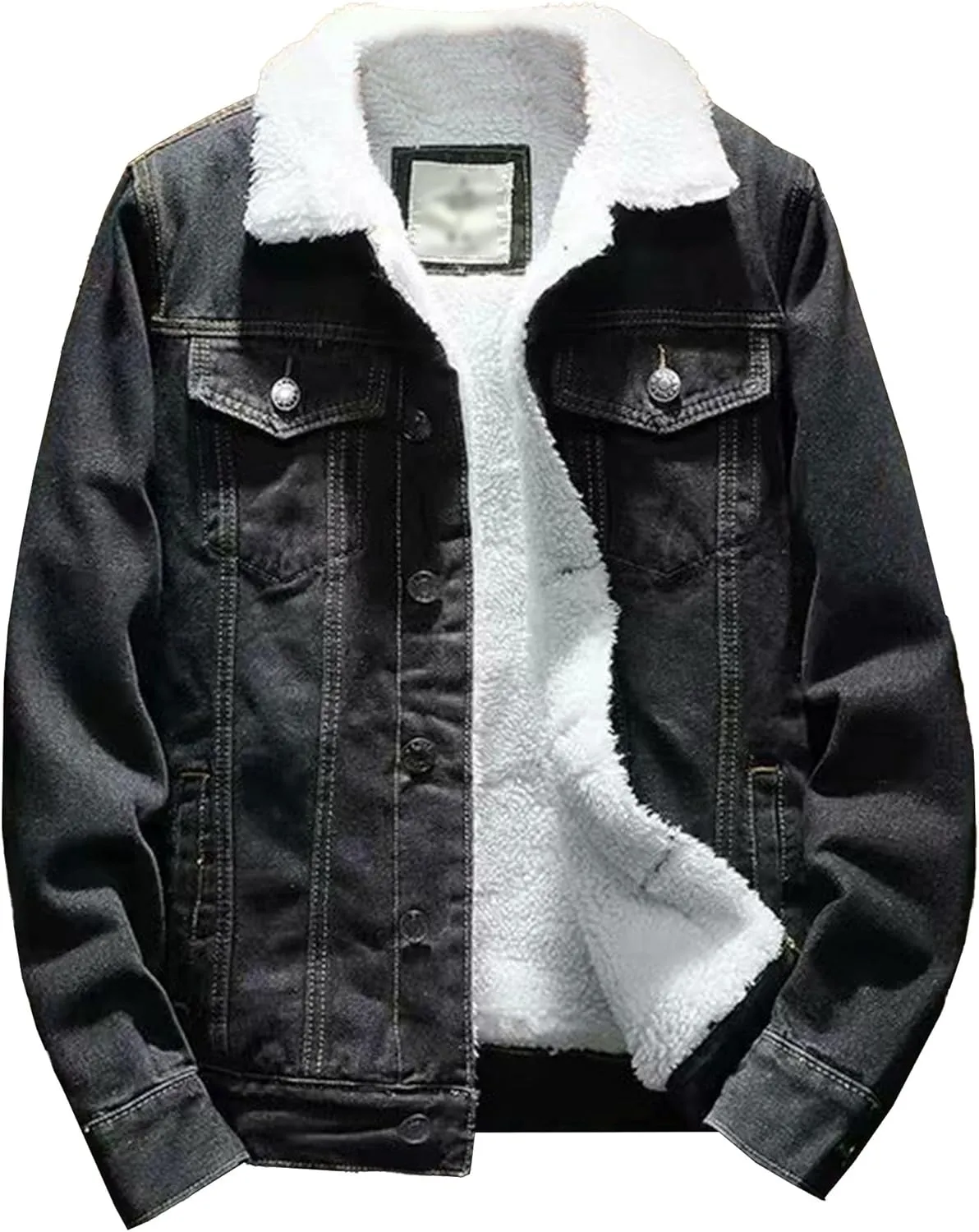 Men Fur Collar Lined Denim Jacket Sherpa Windbreaker Cotton Jean Jackets Winter Fleece Cargo Cowboy Coat