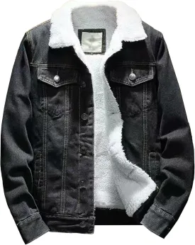 Men Fur Collar Lined Denim Jacket Sherpa Windbreaker Cotton Jean Jackets Winter Fleece Cargo Cowboy Coat