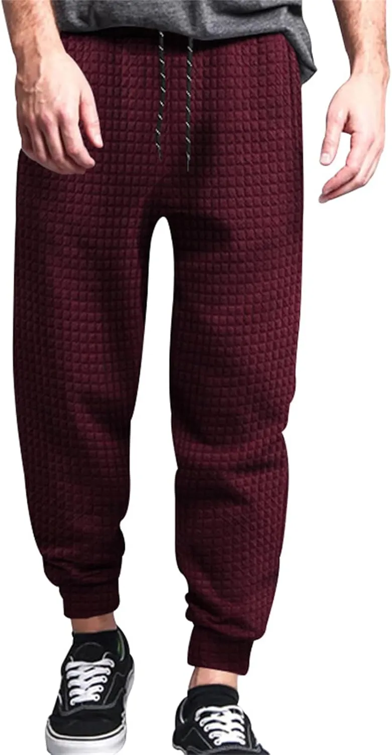 Mens Baggy Waffle Knitted Elastic Waist Drawstring Loose Comfortable Jogger Workout Athletic Lounge Trousers Pants