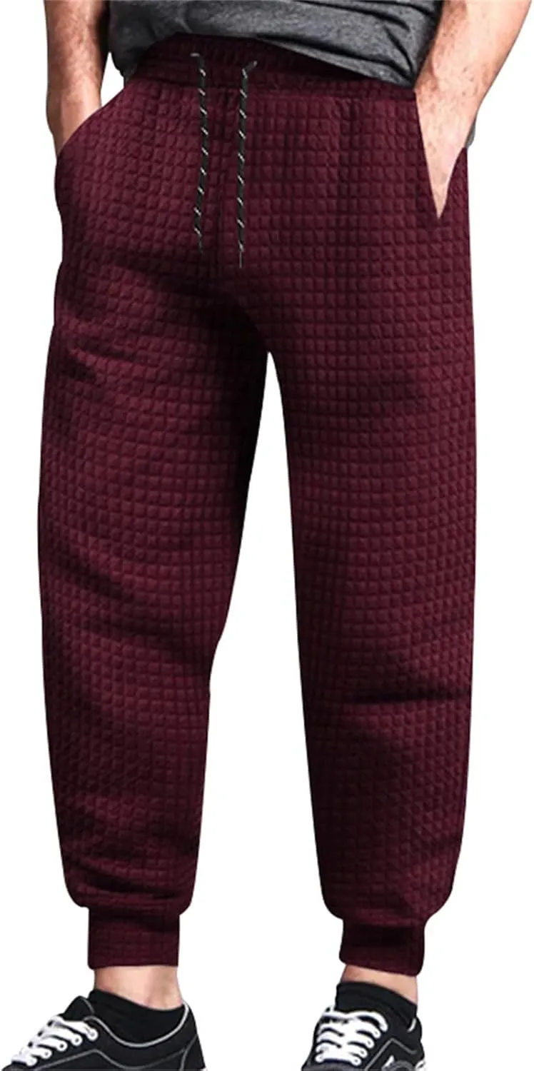 Mens Baggy Waffle Knitted Elastic Waist Drawstring Loose Comfortable Jogger Workout Athletic Lounge Trousers Pants