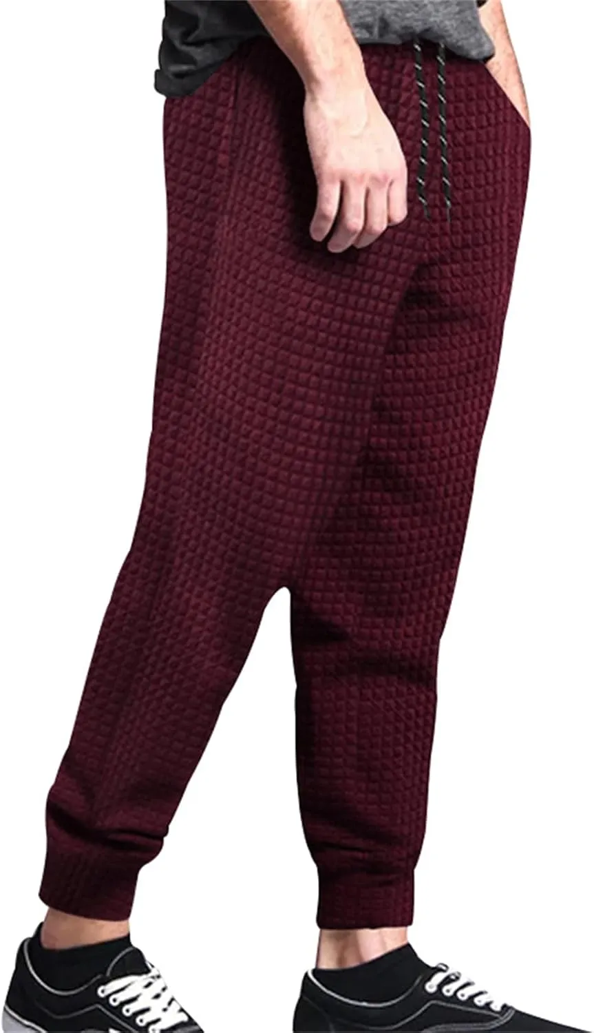Mens Baggy Waffle Knitted Elastic Waist Drawstring Loose Comfortable Jogger Workout Athletic Lounge Trousers Pants